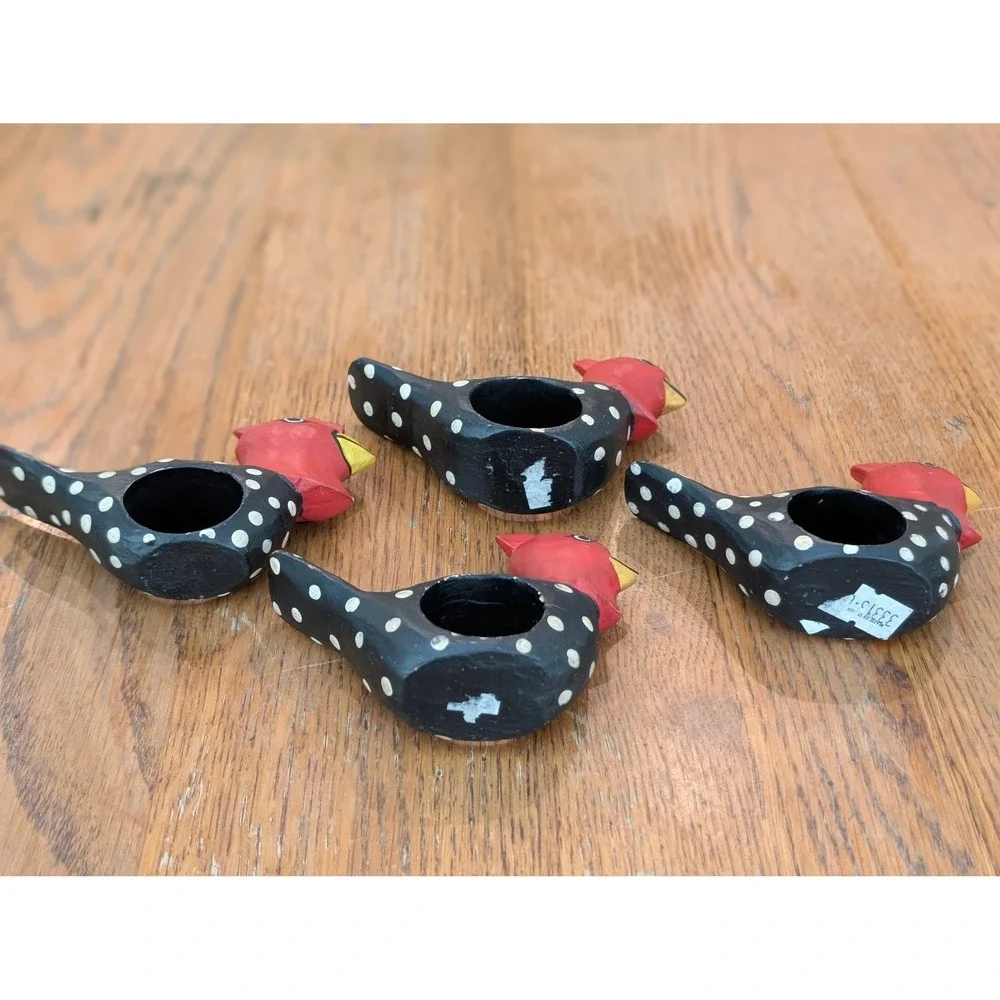 Vintage‎ Hand Painted Wooden Chicken Napkin Rings 4 Black Polka Dot Folk Art